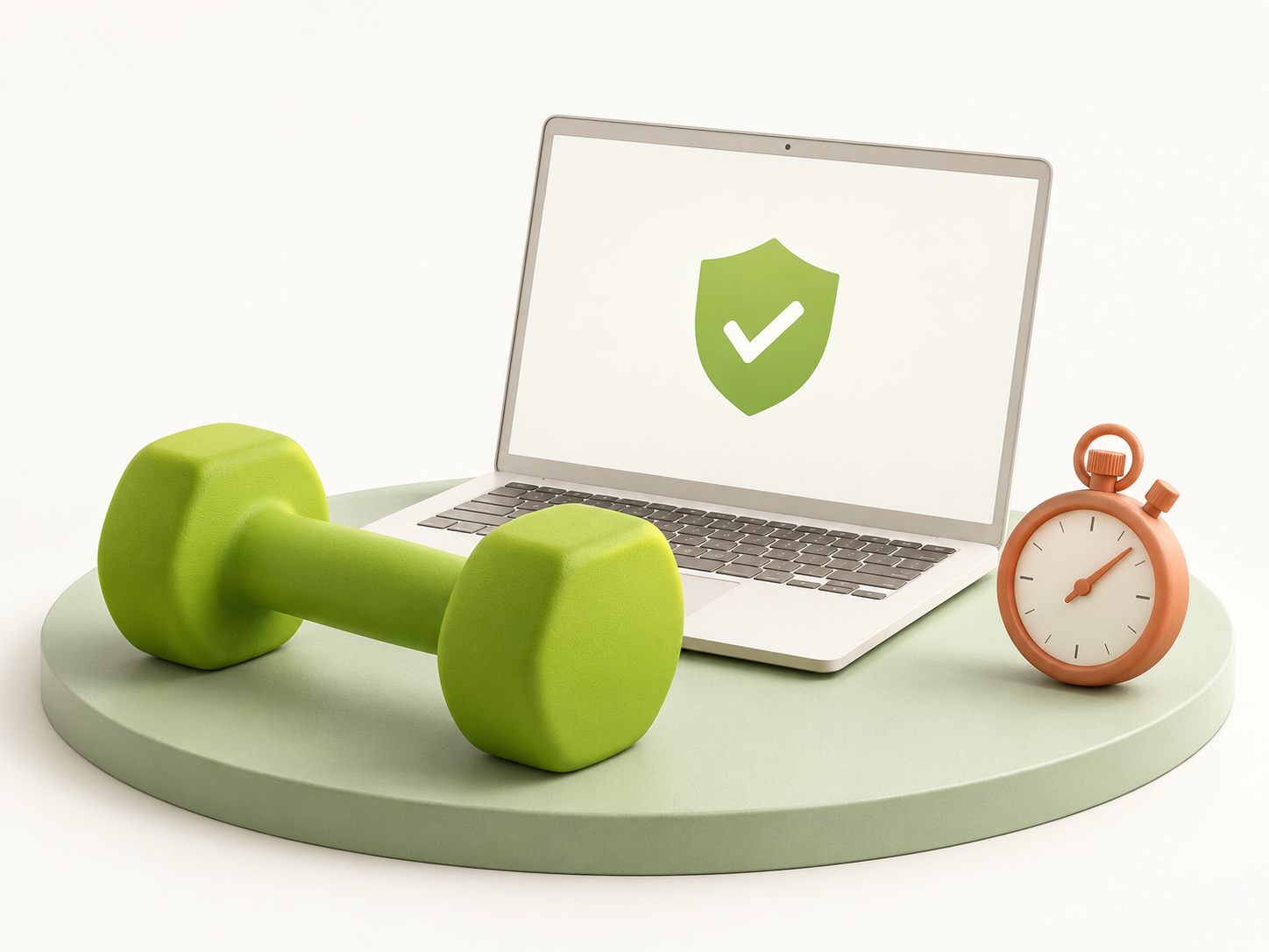 Laptop mit Schutzschild, grüner Hantel und Stoppuhr: Fitness als Bild für regelmäßiges IT-Sicherheitstraining